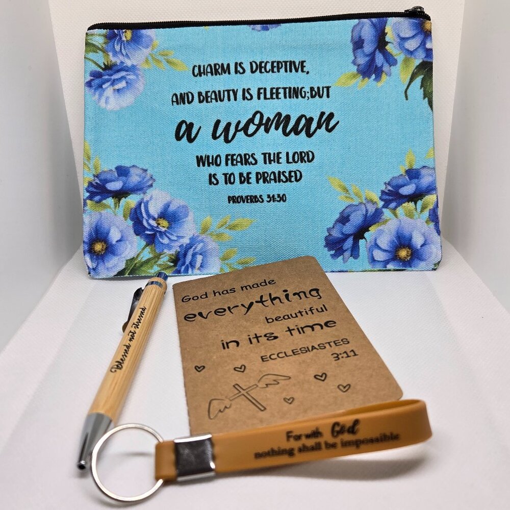 NEW INSPIRATIONAL FAITH CANVAS POUCH, NOTEPAD, PEN, BOOKMARK & KEYCHAIN GIFT SET